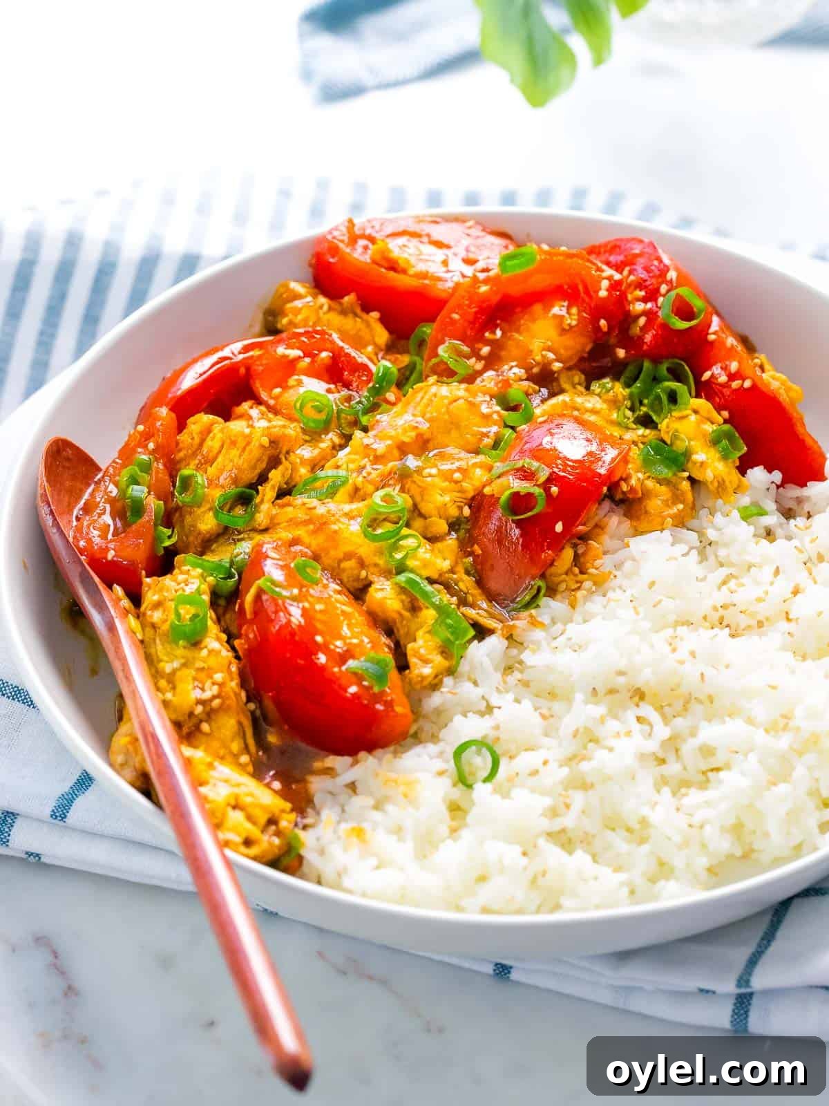 Chinese tomato egg stir fry with rice and spoon.