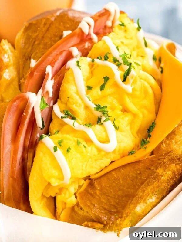 Korean egg drop sandwich with scrambled eggs, ham, cheese, and egg drop sauce.