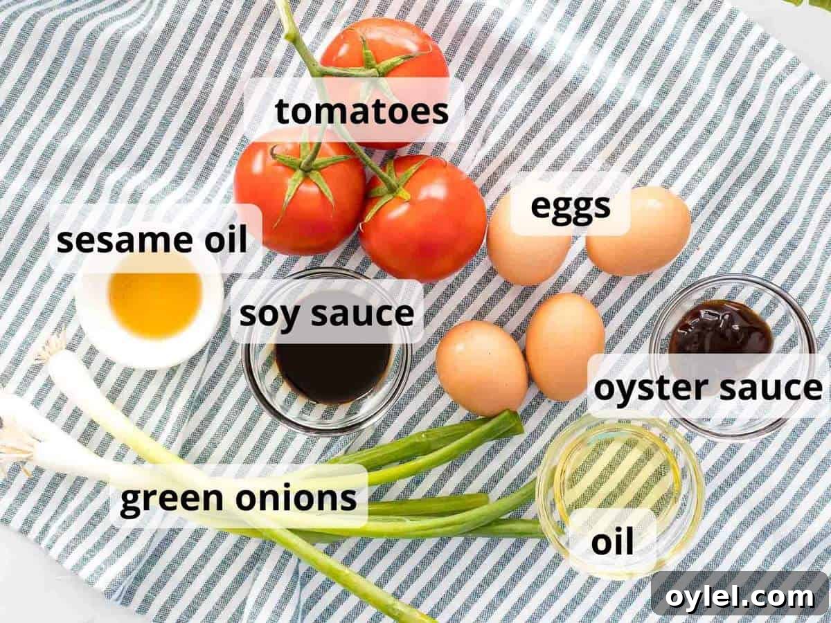 Ingredients for Chinese tomato egg stir fry with text overlay.