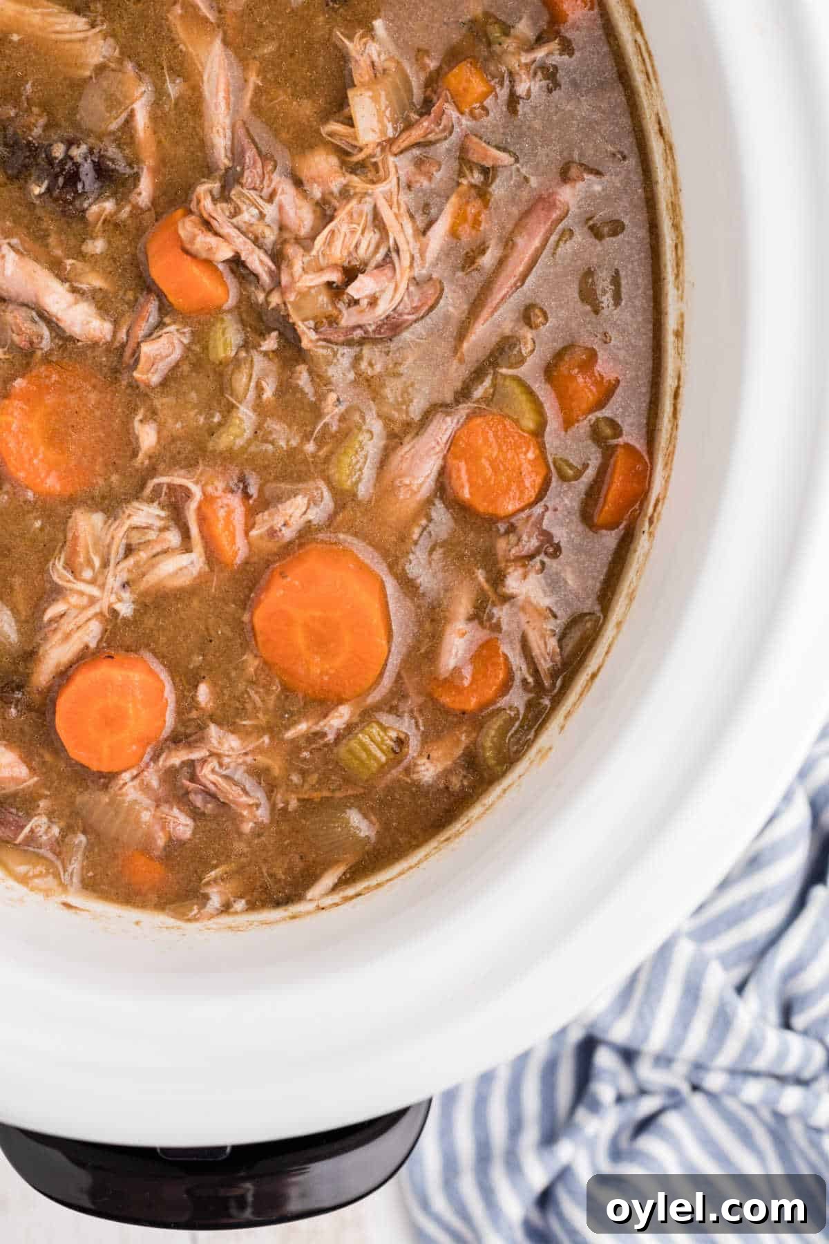 Slow-Cooker Rabbit Stew with Root Vegetables 2 Overhead close up of slow cooker rabbit stew with carrots.