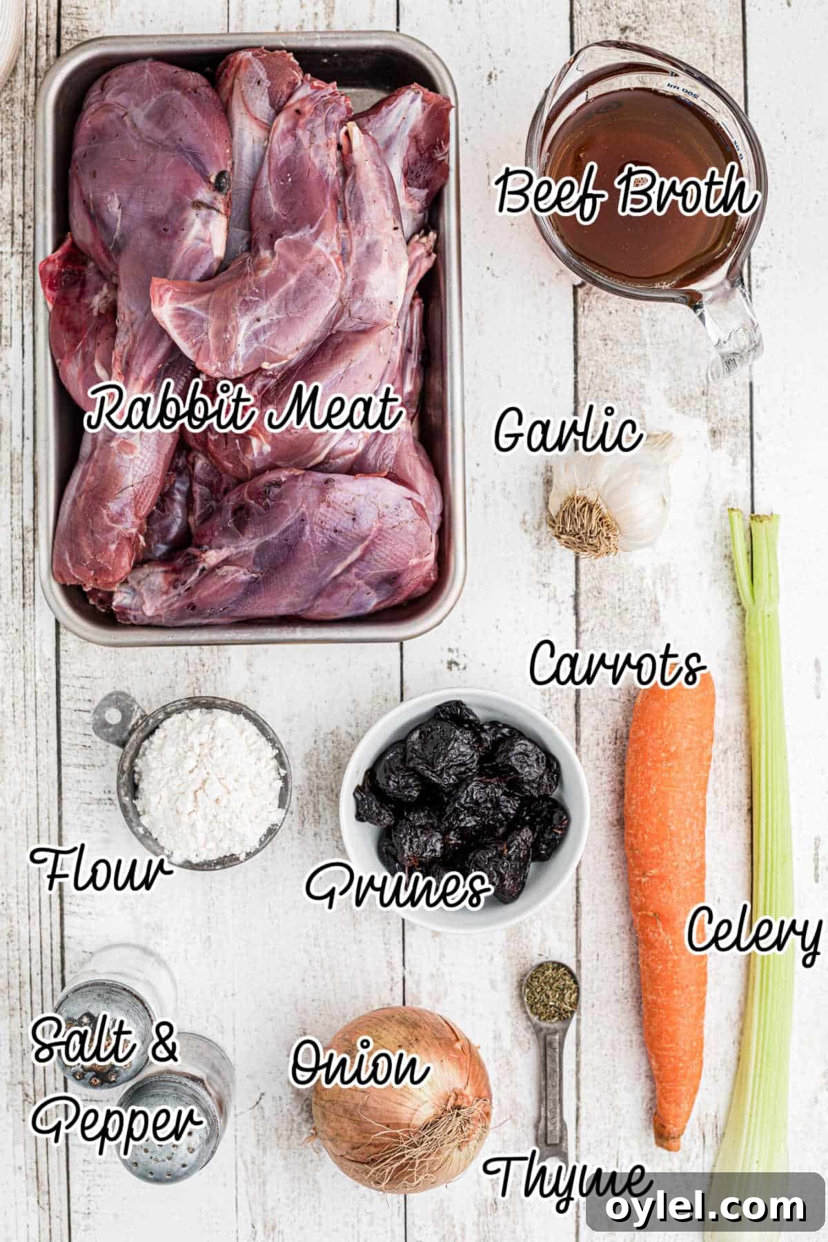 Slow-Cooker Rabbit Stew with Root Vegetables 3 Ingredients laid out with text overlay, for what is needed to make a slow cooker rabbit stew.