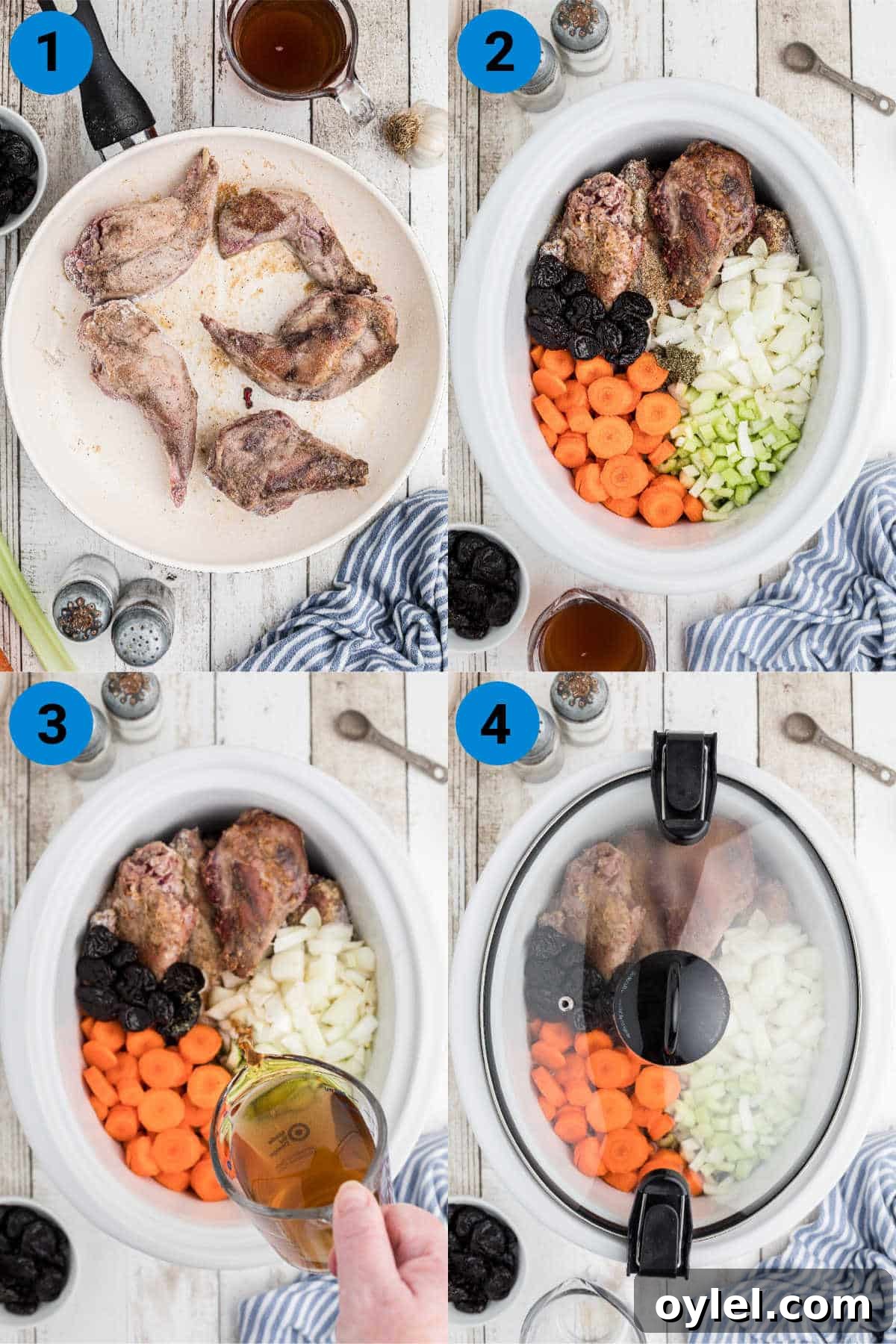Slow-Cooker Rabbit Stew with Root Vegetables 4 A collage of four images showing how to make a slow cooker rabbit stew.