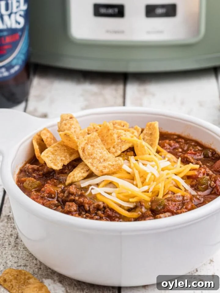 Close up side view of a bowl of beer chili with a crock pot in the background.
