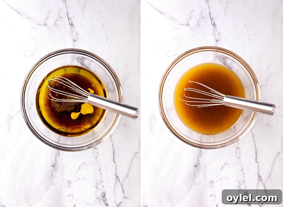 Maple Vinaigrette Recipe for Salads 4 Two photos showing How to Make Maple Vinaigrette Dressing - adding all ingredients to small bowl and whisking together until emulsified.