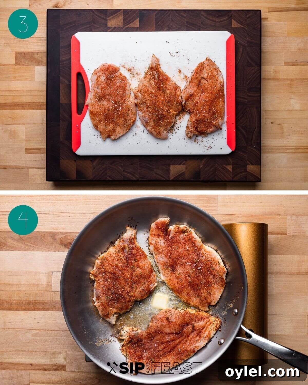 Seasoned cutlets and cutlets cooking in pan with butter.