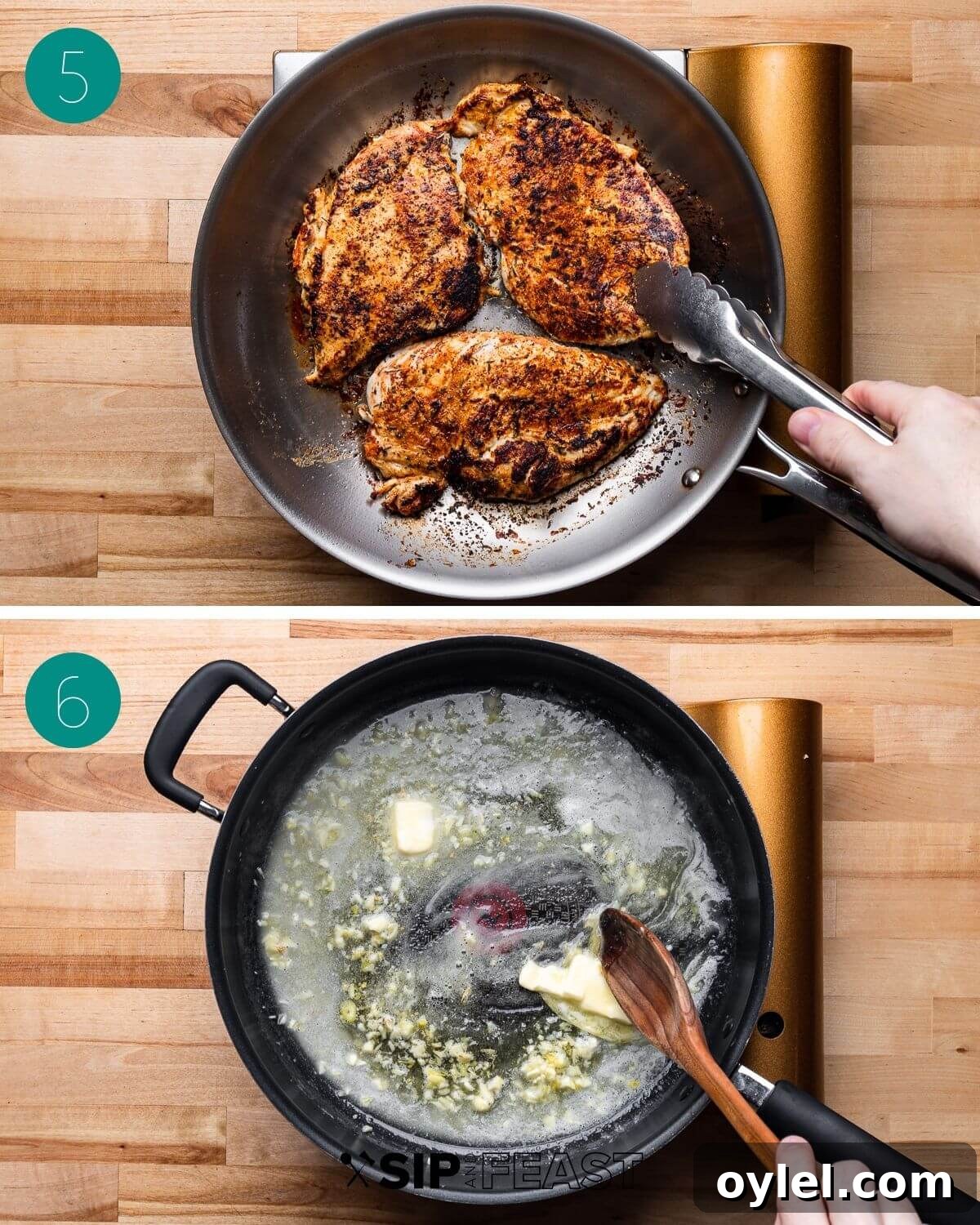Cooked cutlets in pan and a separate pan with butter and garlic.