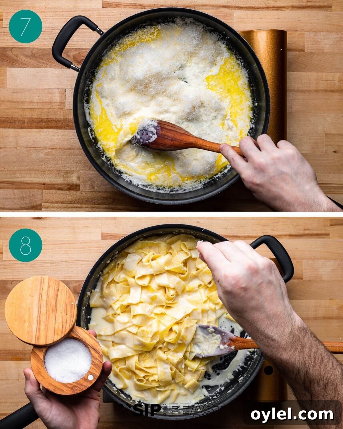 Sauce in pan with cheese and pasta added to sauce.