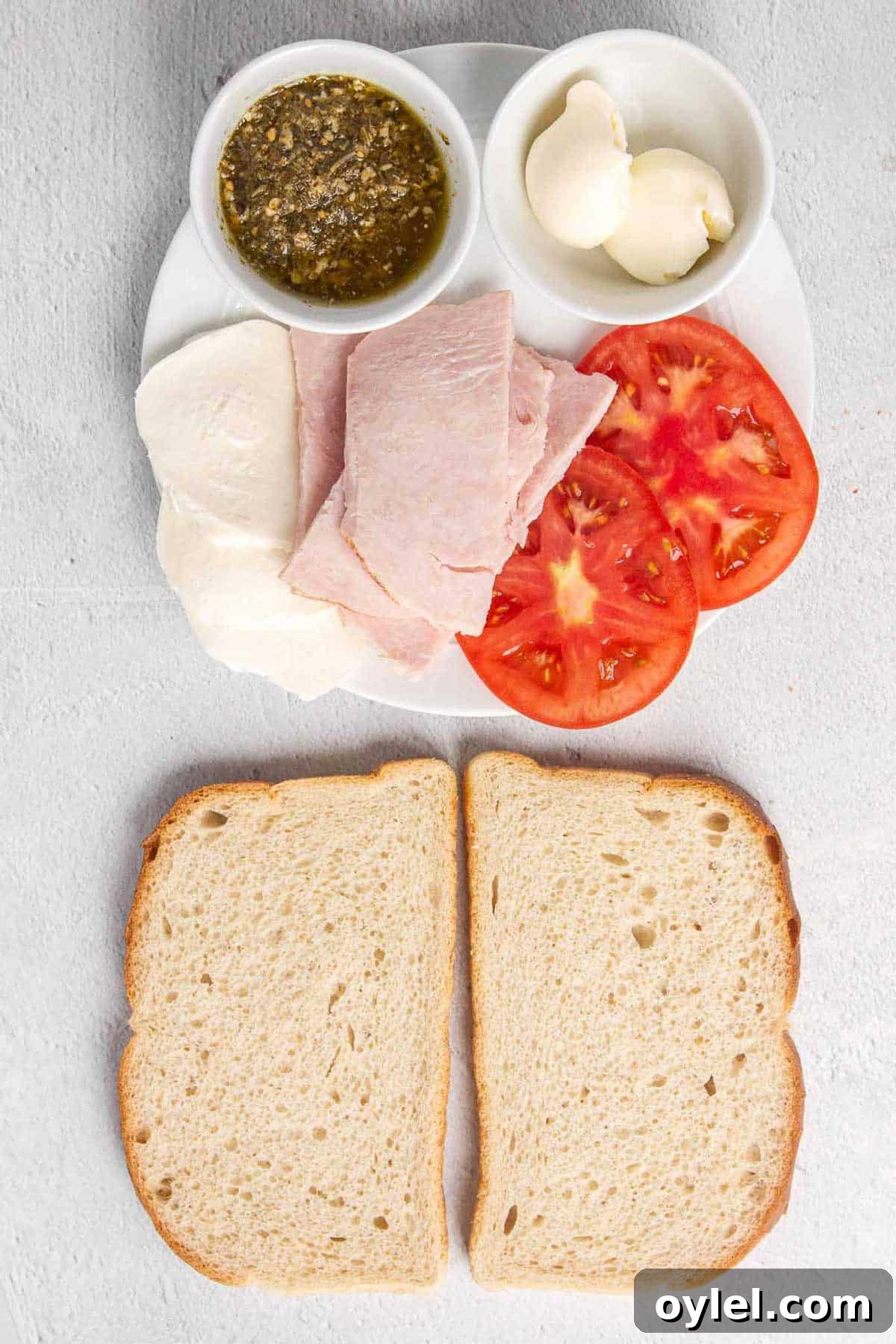 Grilled Turkey Pesto and Mozzarella Sandwich Recipe 3 Pesto turkey sandwich ingredients: sourdough bread, thick sliced turkey, tomato slices, fresh mozzarella slices, pesto, and butter.