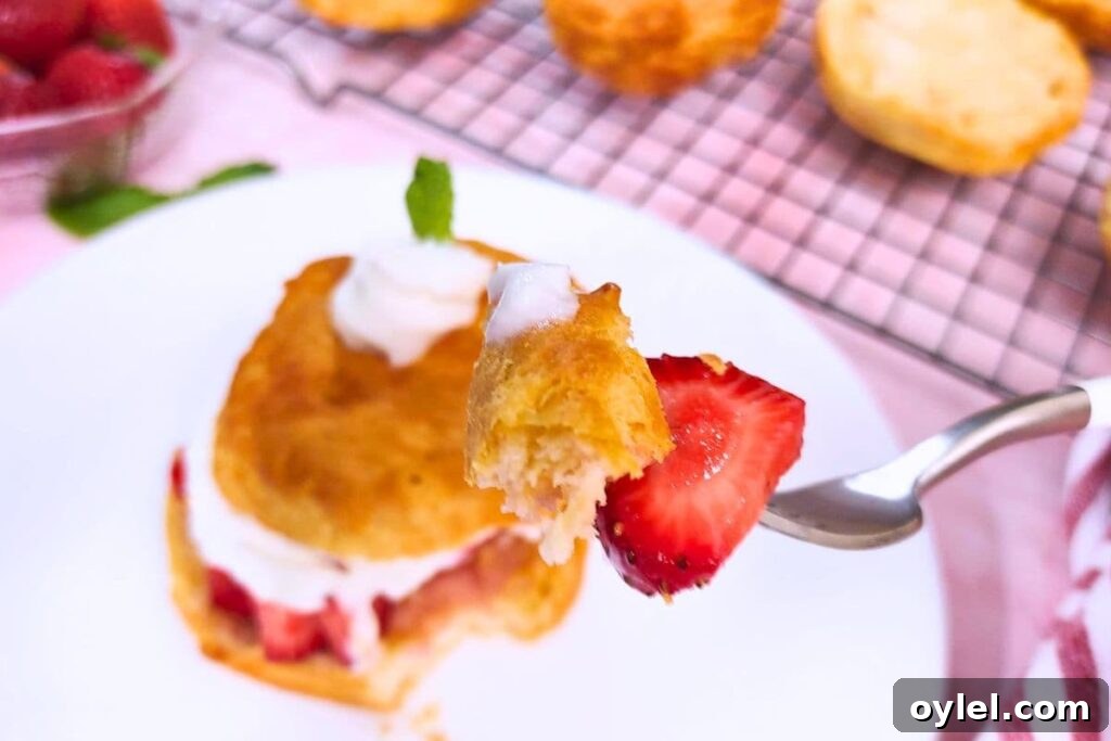 forkful of strawberry shortcake made in the air fryer