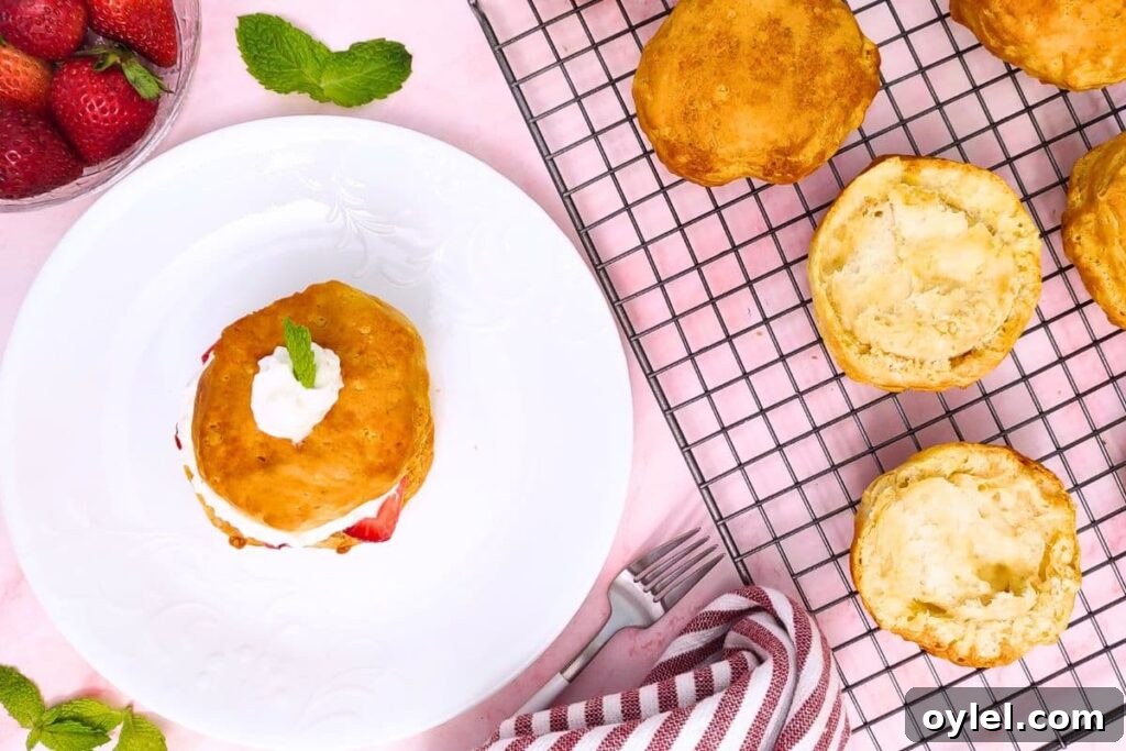 overhead view of air fryer strawberry shortcake on a plate with fresh biscuits