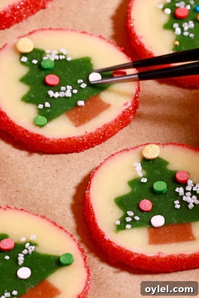 Slice-and-Bake Christmas Cookie Recipe: Tree, Reindeer, Gift Box 14 attaching sprinkles on christmas tree cookie dough