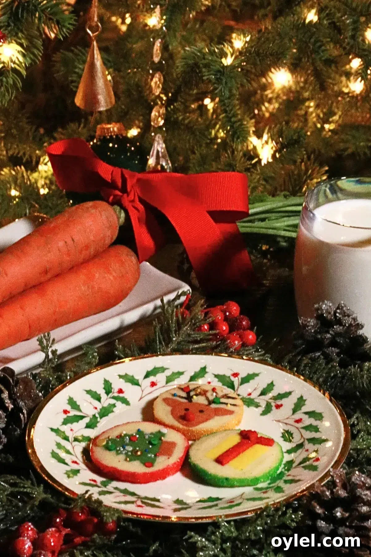 Slice-and-Bake Christmas Cookie Recipe: Tree, Reindeer, Gift Box 16 slice-and-bake Christmas cookies on a plate served with carrot and milk