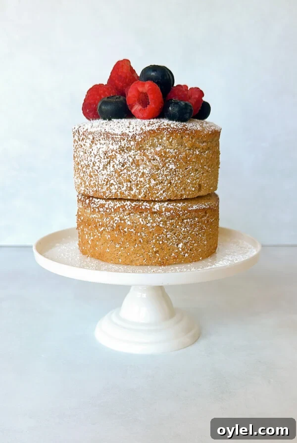 Moist Yogurt Plum Cake Recipe 10 Apple almond cake on a cake stand topped with fresh berries.