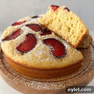 Moist Yogurt Plum Cake Recipe 11 Yogurt plum cake on a cake stand.