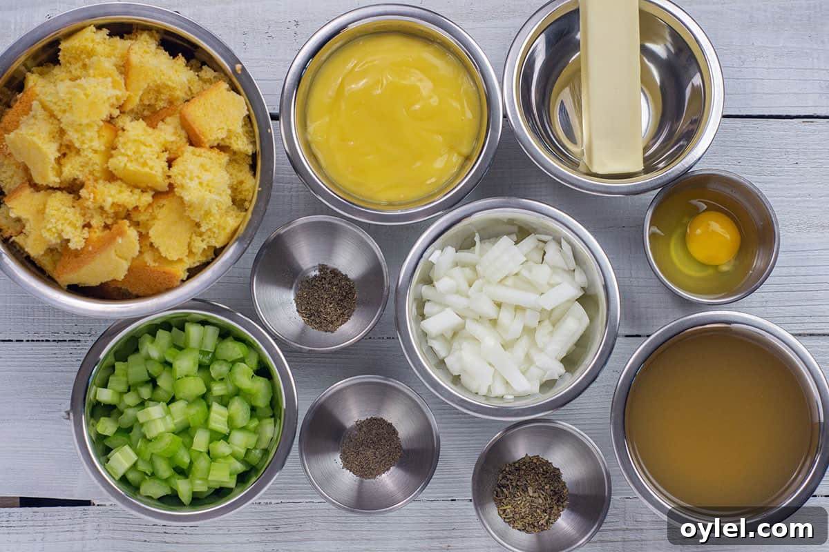 Classic Southern Cornbread Dressing Recipe 3 Ingredients measured out in individual containers on wooden counter top.