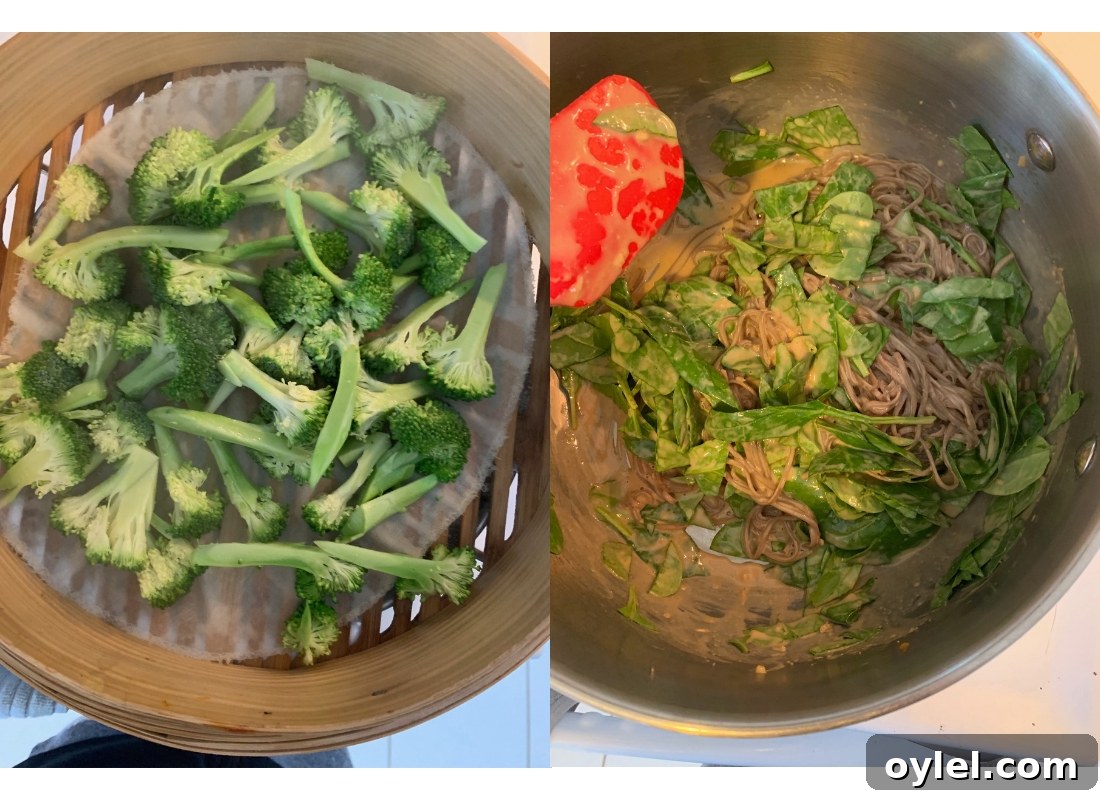A photo collage of broccoli in a steamer basket and mixing spinach and sauce into soba noodles.