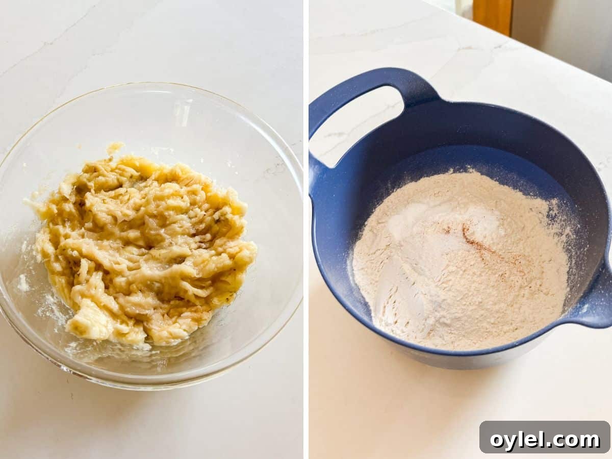 Mashed banana in a bowl and dry ingredients combined in a blue bowl.