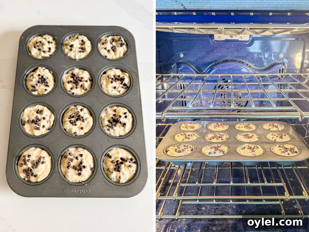 Extra chocolate chips added to the top of the batter in the muffin tin and then the tin in the oven.