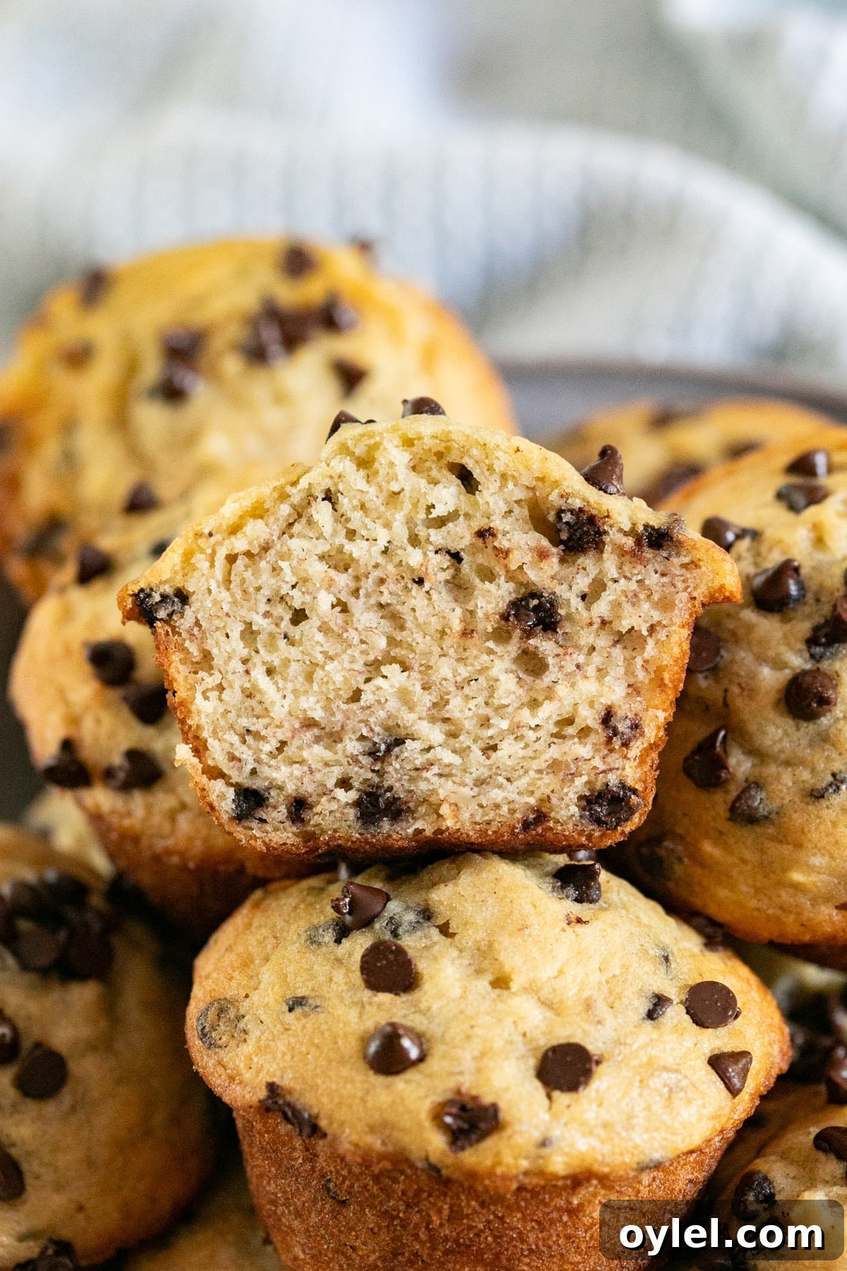 A pile of muffins with the main one cut in half revealing the moist crumb.