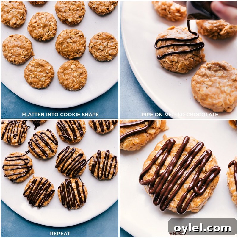 Adding a chocolate drizzle to breakfast cookies