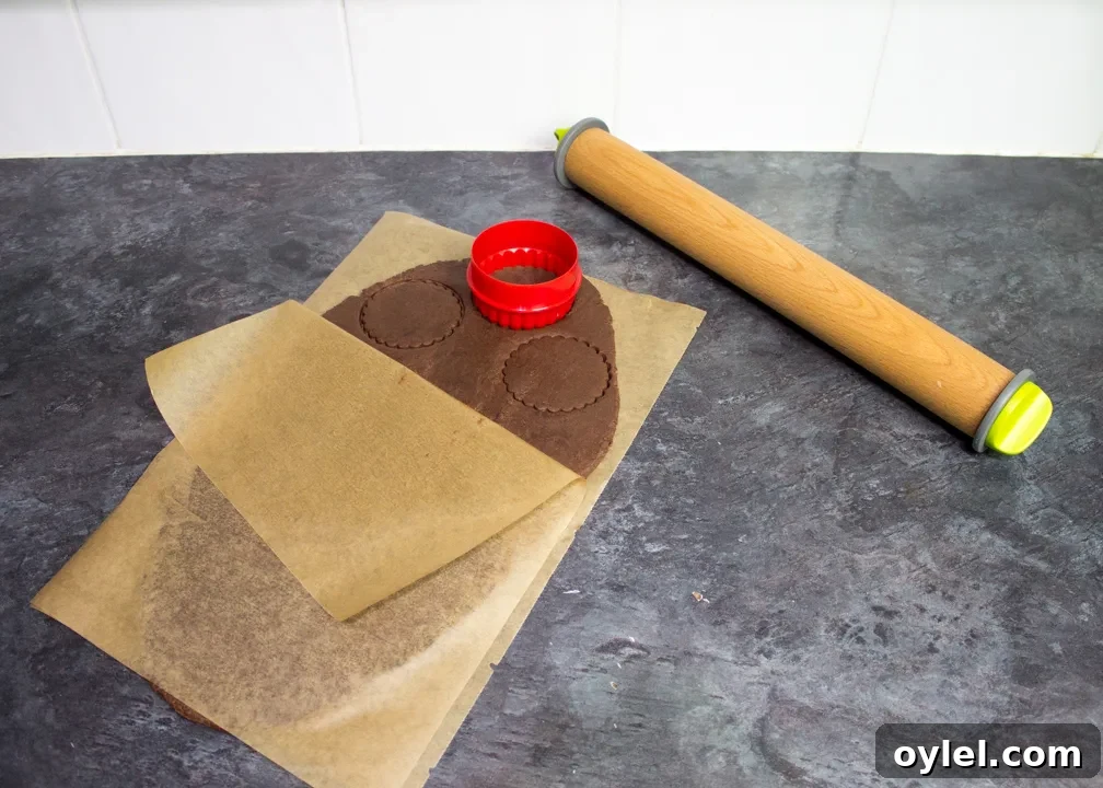 Chocolate biscuit dough rolled out between two sheets of baking paper, being cut into 7cm biscuits.