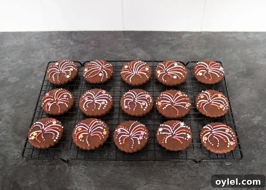 Firework biscuits setting on a cooling rack.