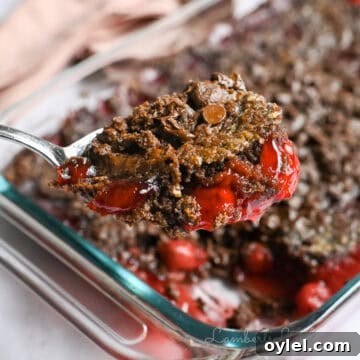 holding a spoonful of cherry chocolate dump cake in front of the baking dish.