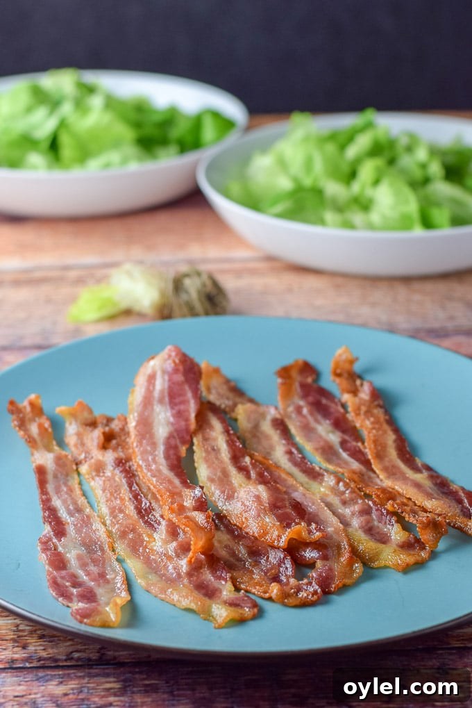 Bacon cooked and laid out on a blue plate with Boston lettuce in two white bowls in the background