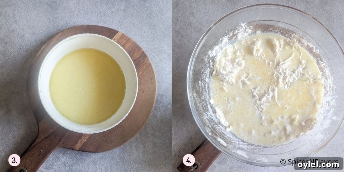 adding wet ingredients to the dry ingredients