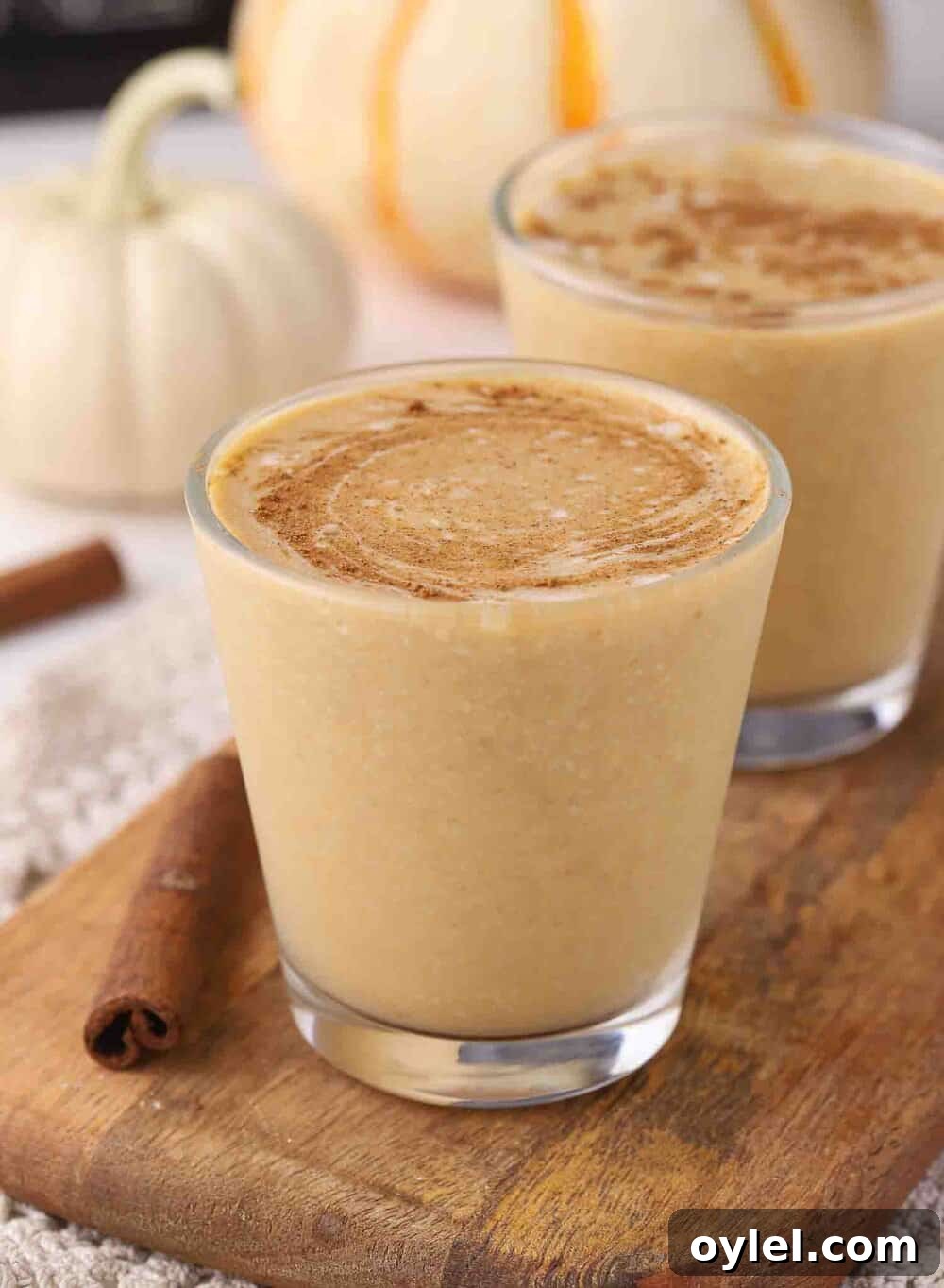 Creamy Pumpkin Vanilla Smoothie Recipe 2 Pumpkin smoothie on a cutting board.