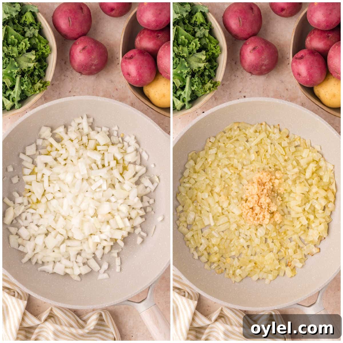Collage of preparing the veggies in a frying pan.