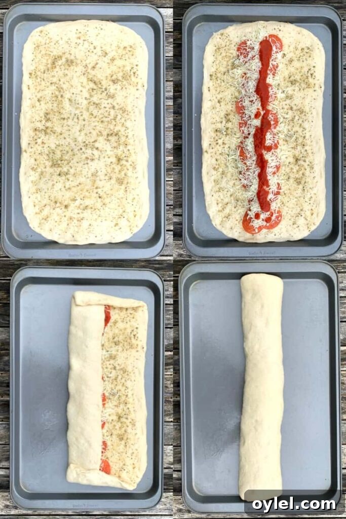 Stromboli roll on a baking sheet.