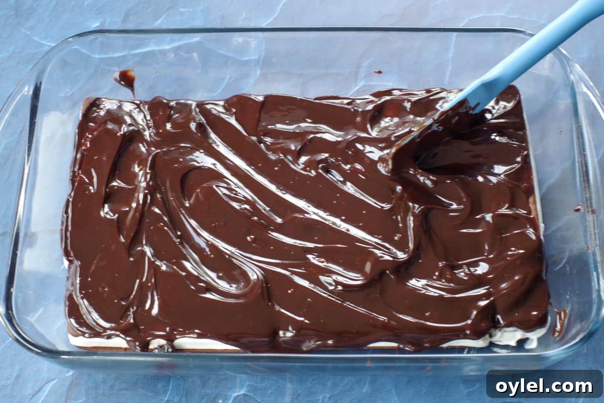 fudge sauce being poured over ice cream sandwiches