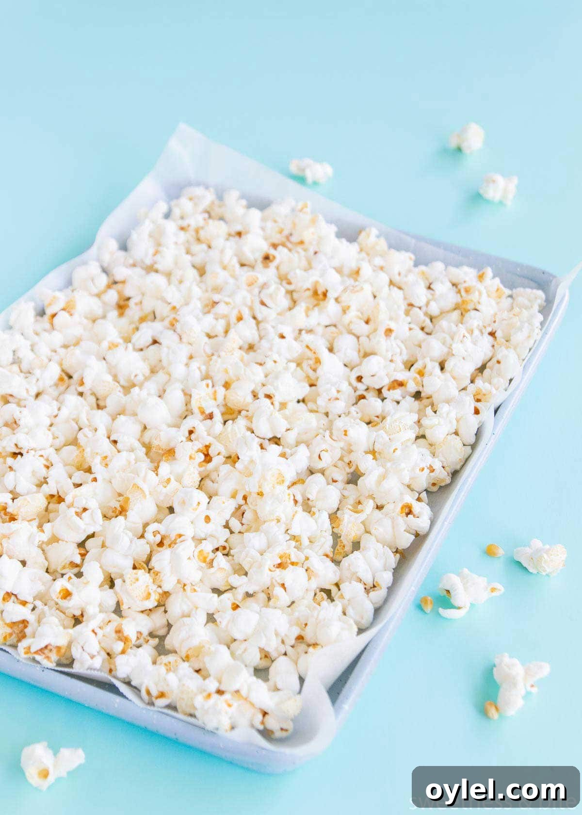 A tray of plain, popped popcorn on a blue background.