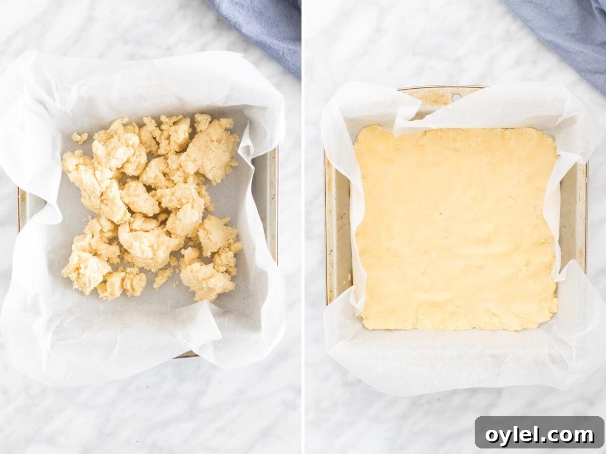 Shortbread base for apple crisp bars, 2-step collage photos.