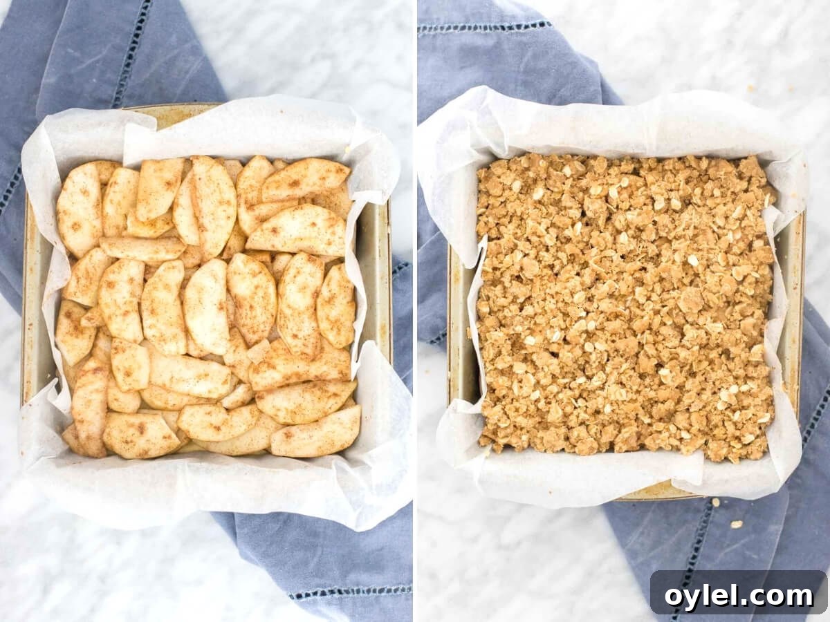Collage showing the apple layer and oatmeal crumble topping for apple crisp bars