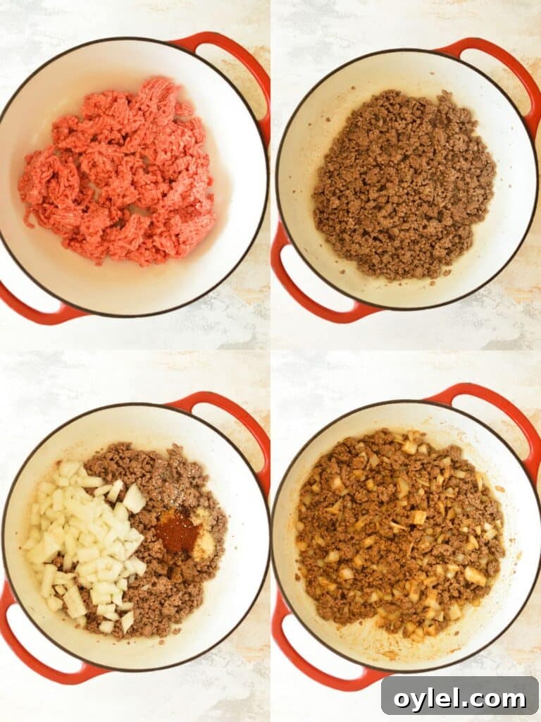 browning ground beef in a pot