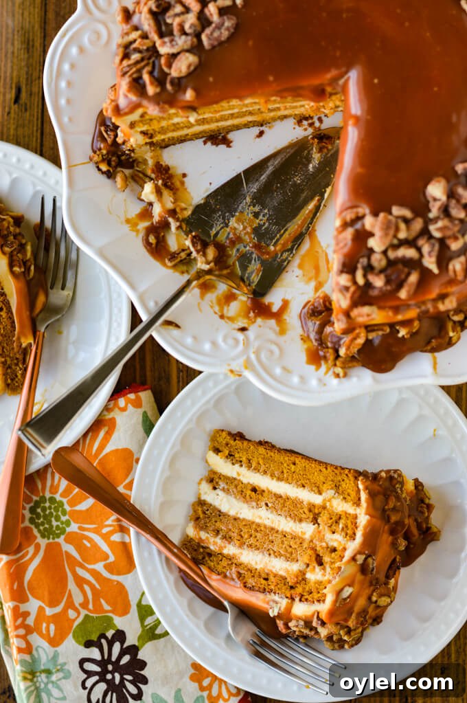 A top down view of a pumpkin layered cake with a slice out of it.
