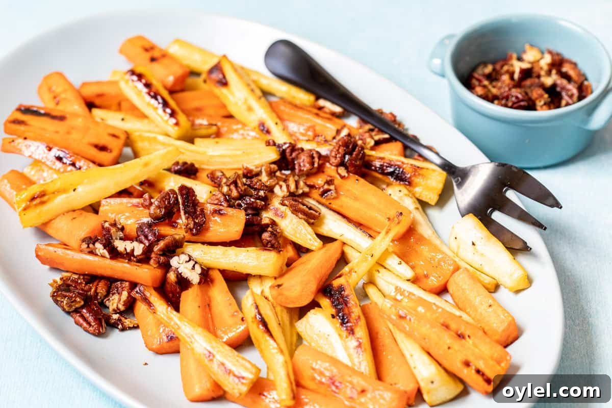 Bowl of honey roasted carrots and parsnips