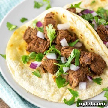 Two carne asada street tacos on plate.