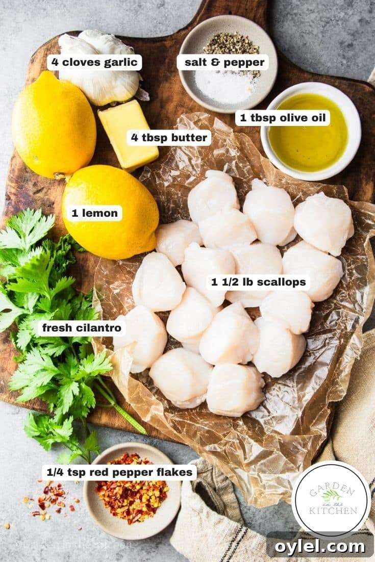 Ingredients for garlic butter scallops recipe.