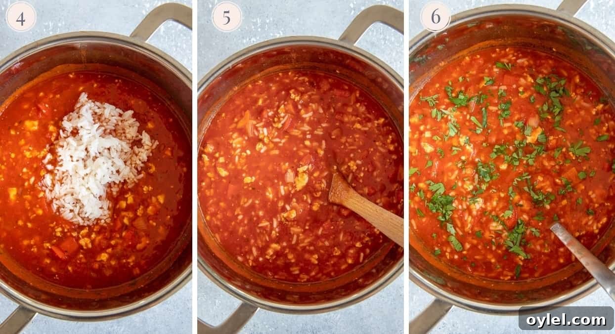 picture collage demonstrating how to make stuffed bell pepper soup in one pot 