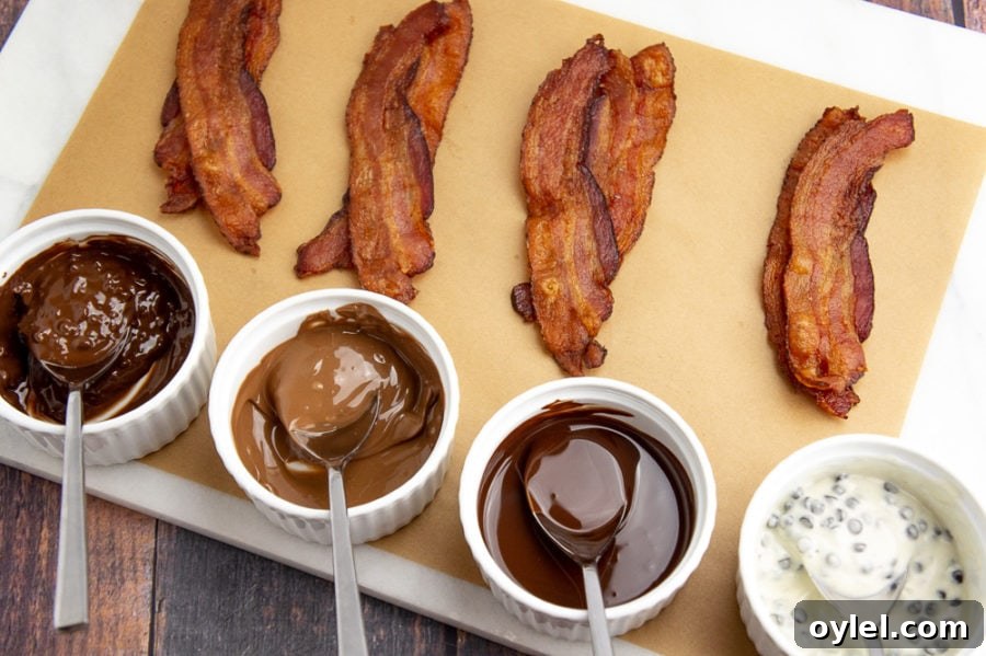 chocolate melted in cups beside cooked strips of bacon