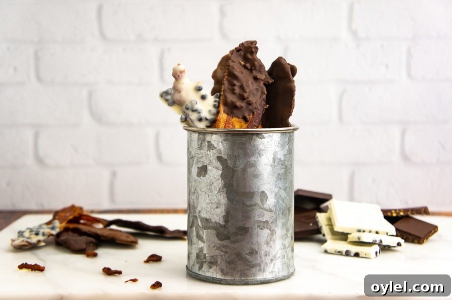 Bacon in a metal cup beside stacks of broken chocolate