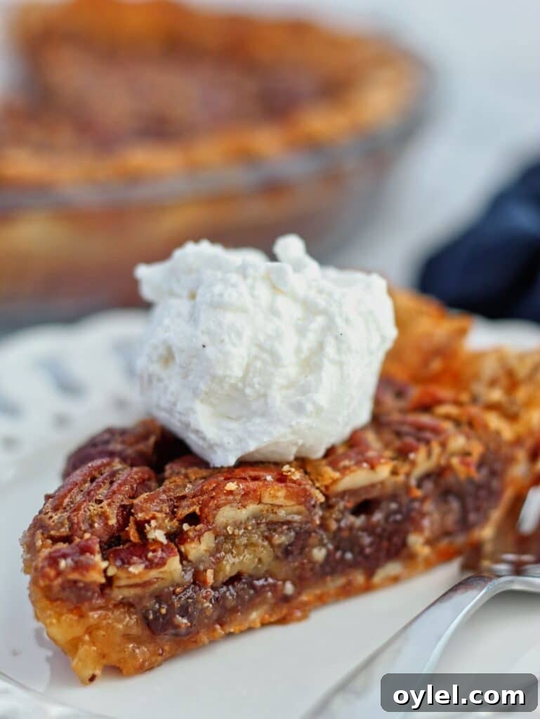 slice of gf chocolate pecan pie on white plate with whole pie in the background.