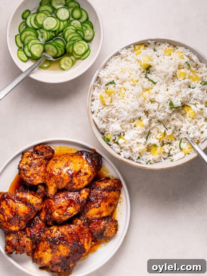 Crispy Roasted Honey-Lime Chicken Thighs 13 Cooked honey lime chicken thighs served with pineapple coconut rice and pickled cucumbers