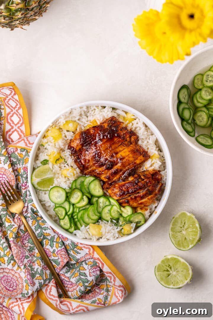 Crispy Roasted Honey-Lime Chicken Thighs 15 Roasted chili lime chicken thighs served over pineapple coconut rice with pickled cucumbers and fresh lime