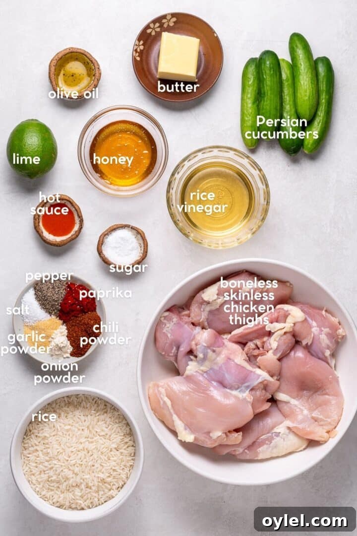 Crispy Roasted Honey-Lime Chicken Thighs 4 Ingredients for chili lime chicken thighs including lime, honey, butter, hot sauce, spices, rice vinegar, and Persian cucumbers