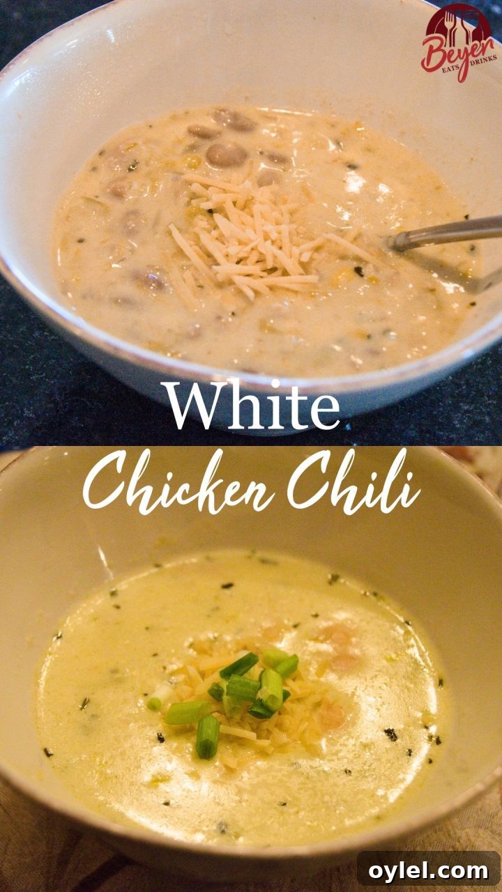 White Chicken Chili The creamy white chicken chili recipe is filled with shredded chicken, white beans, and tons of flavors for a hearty soup supper.