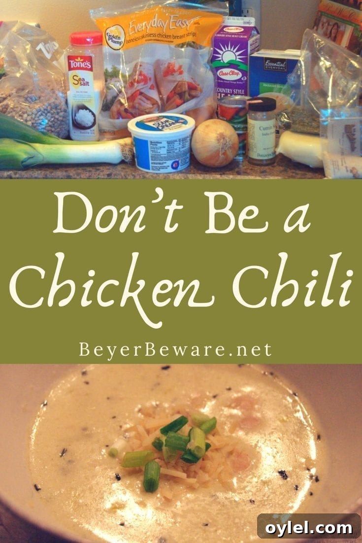Creamy White Chicken Chili with White Beans and Green Chiles 3 Don't Be a Chicken Chili is a creamy chicken soup recipe that will warm you up and fill your belly for a night of fun.